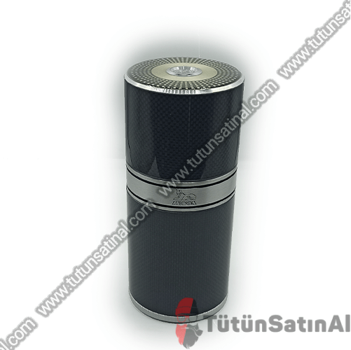 Lubinski Metal Silindir Seyahat Humidor Puro Kutusu 7'li Karbon (Siyah-Gümüş Gri)
